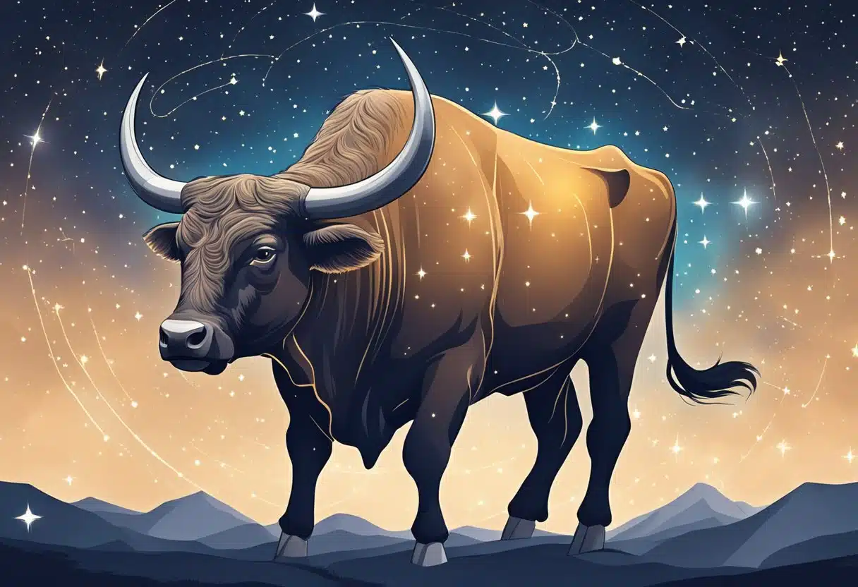 A bull standing under a starry sky, with the constellation of Taurus shining brightly above