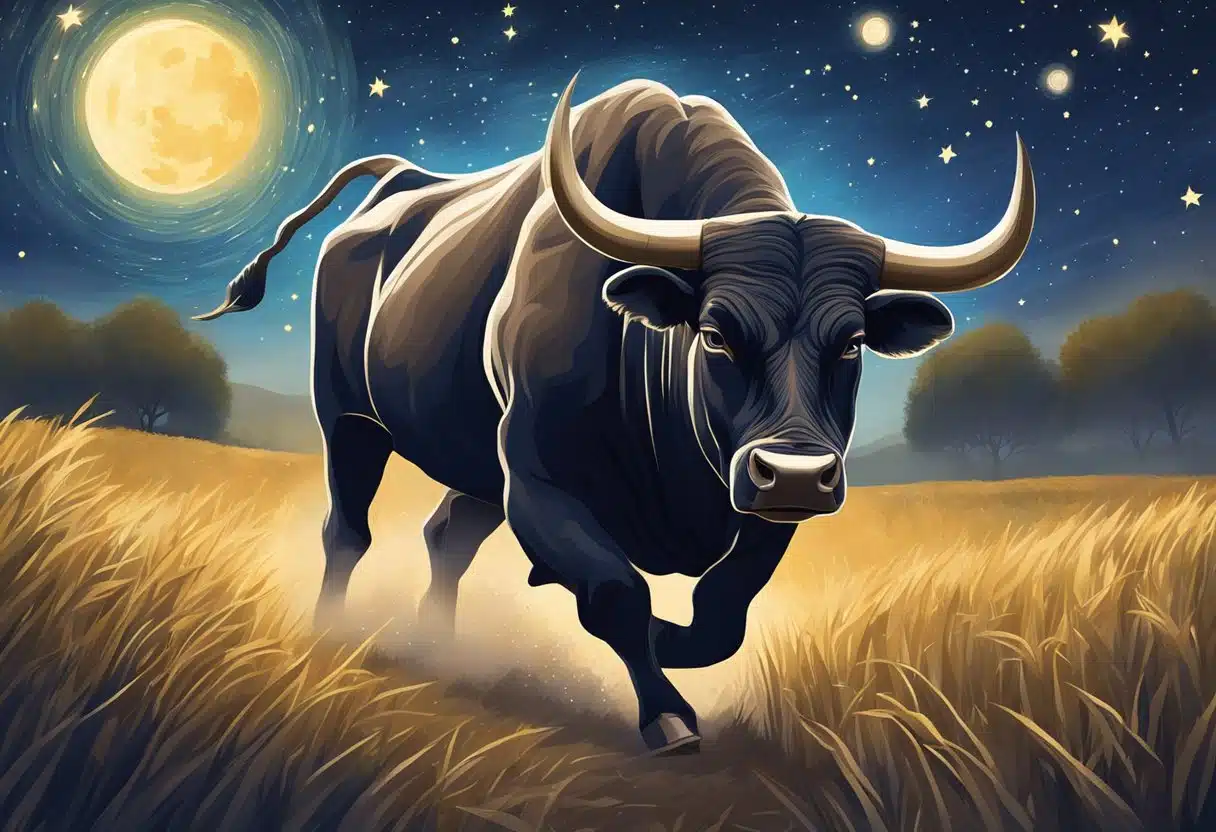 A bull charges through a field under the starry night sky, representing the annual cycle of the Taurus zodiac sign