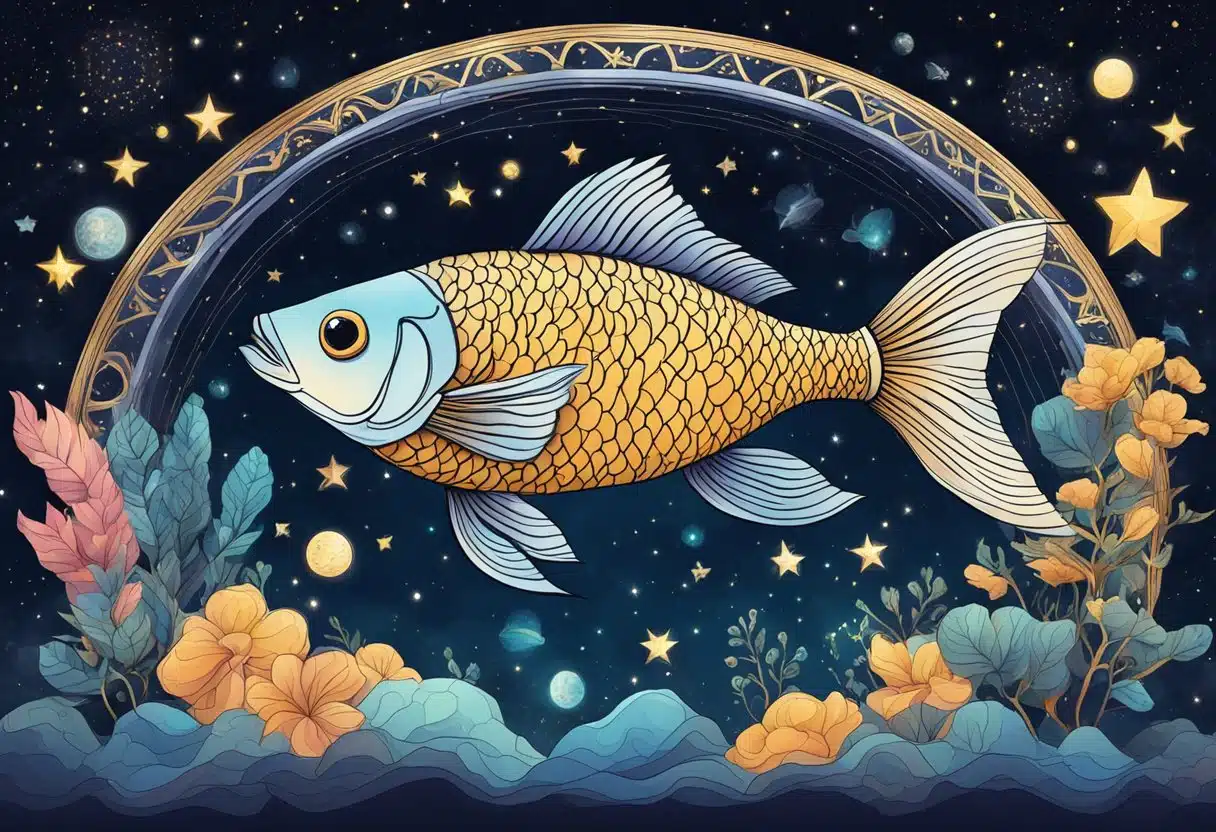 A fish swimming gracefully among the stars, surrounded by celestial symbols and cosmic elements