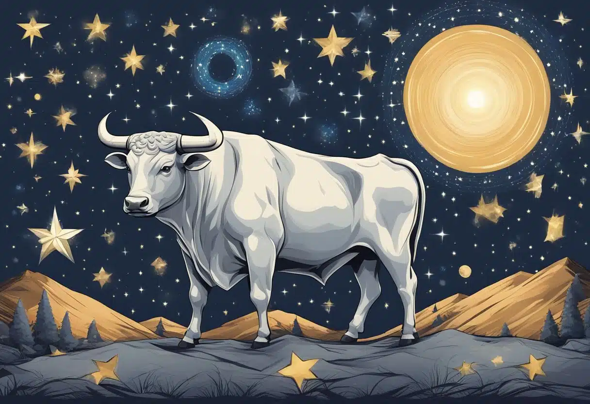 A bull standing under a starry sky, surrounded by symbols of practicality and strength