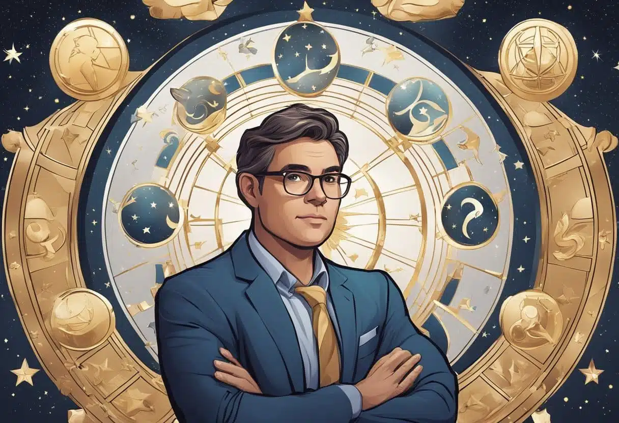 A professional financial advisor with a determined expression, surrounded by stars and symbols representing the zodiac sign of Taurus
