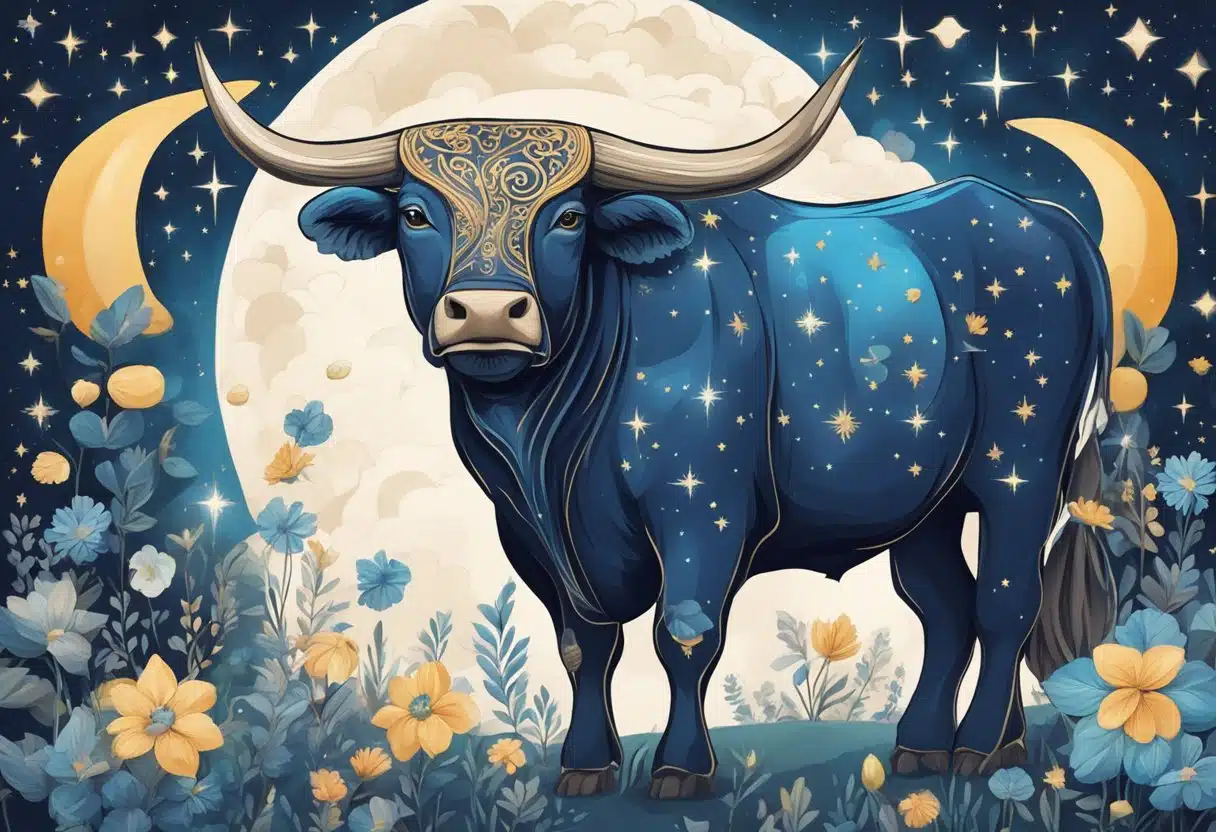 A serene bull under a starry sky, surrounded by symbols of health and wellness