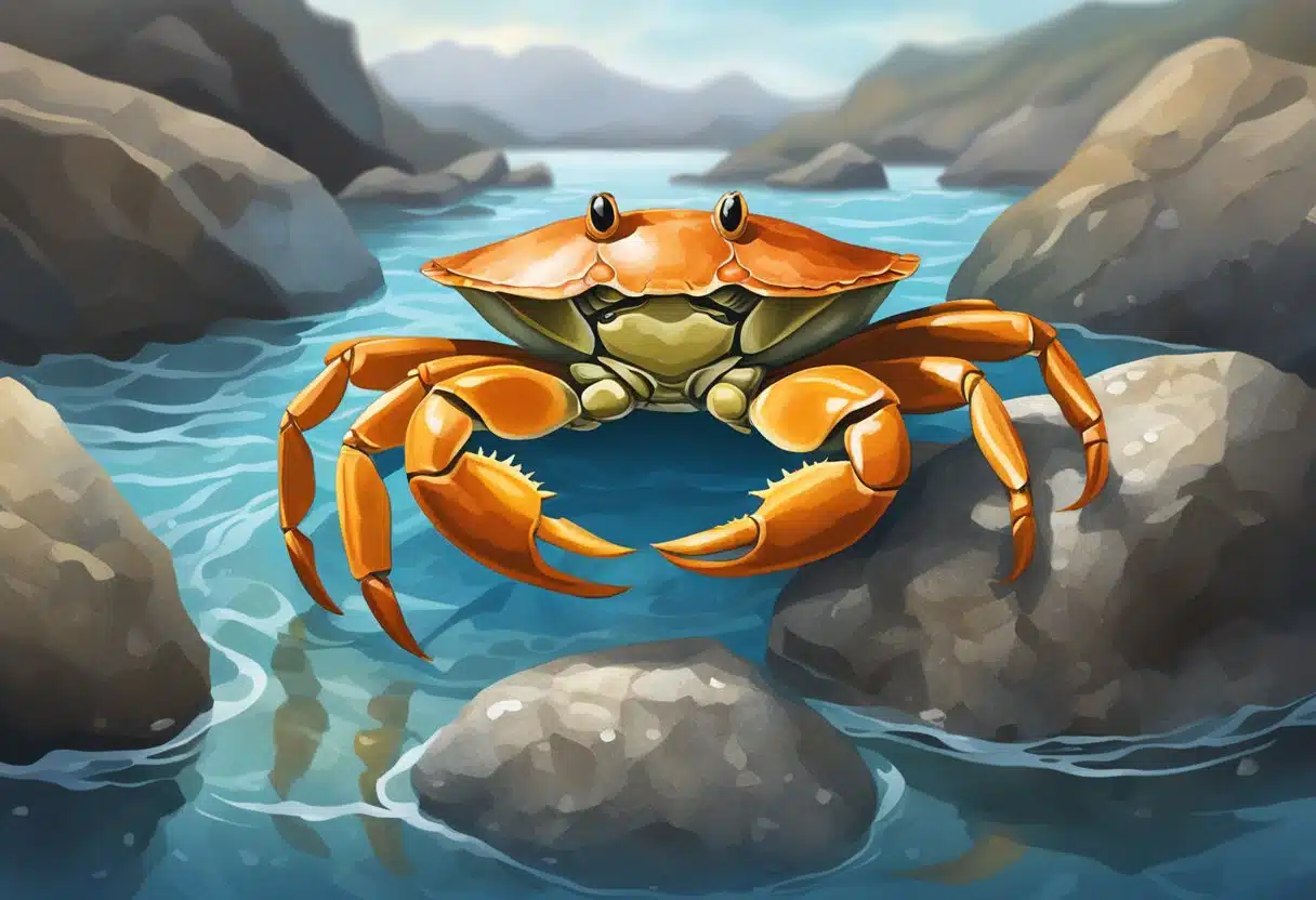 A crab emerging from its shell, surrounded by water and rocks, under the sign of Cancer