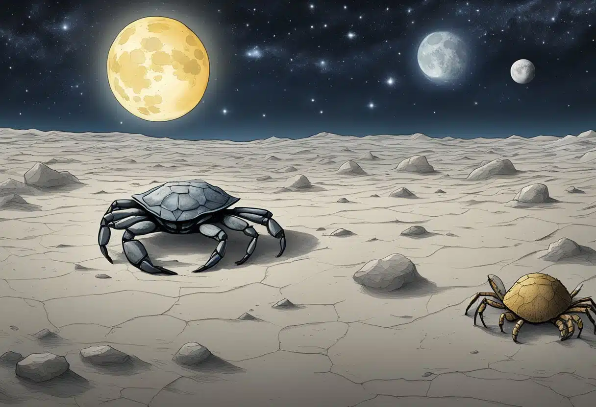 The moon shining over a crab constellation on Hesker's planetary landscape