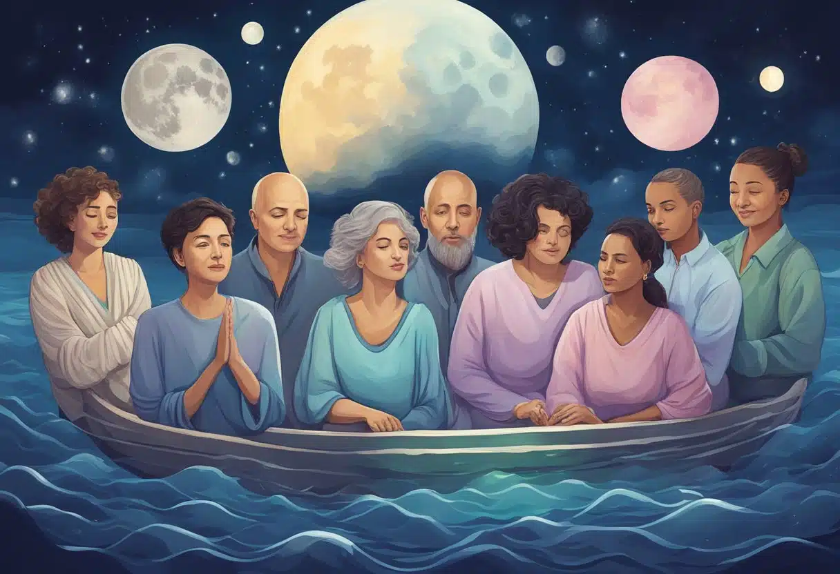 A group of famous personalities born under the sign of Cancer, surrounded by water and moonlight, symbolizing their emotional and intuitive nature