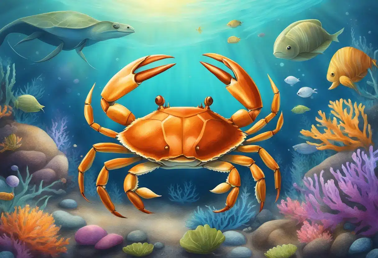 A crab surrounded by other sea creatures in a harmonious and friendly environment, representing the social and relational aspect of the Cancer zodiac sign