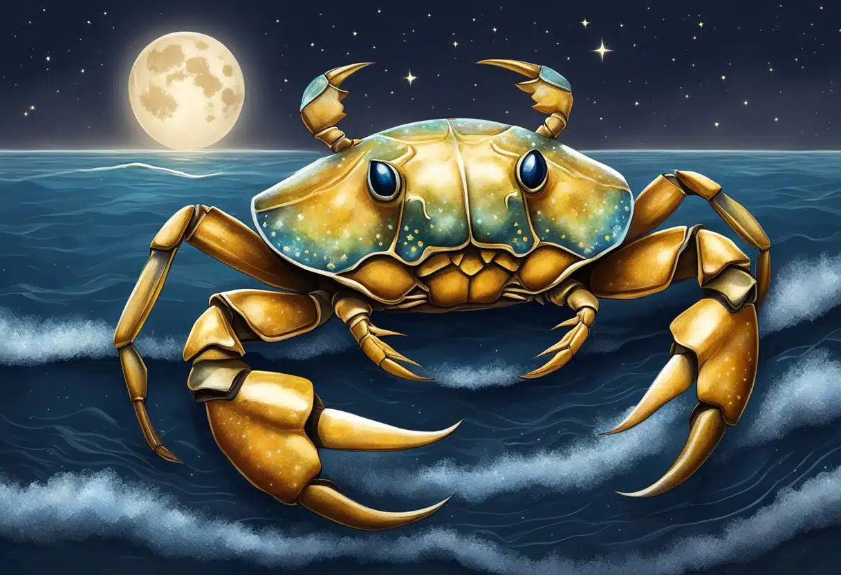 A crab with a starry shell emerges from the ocean, under a crescent moon