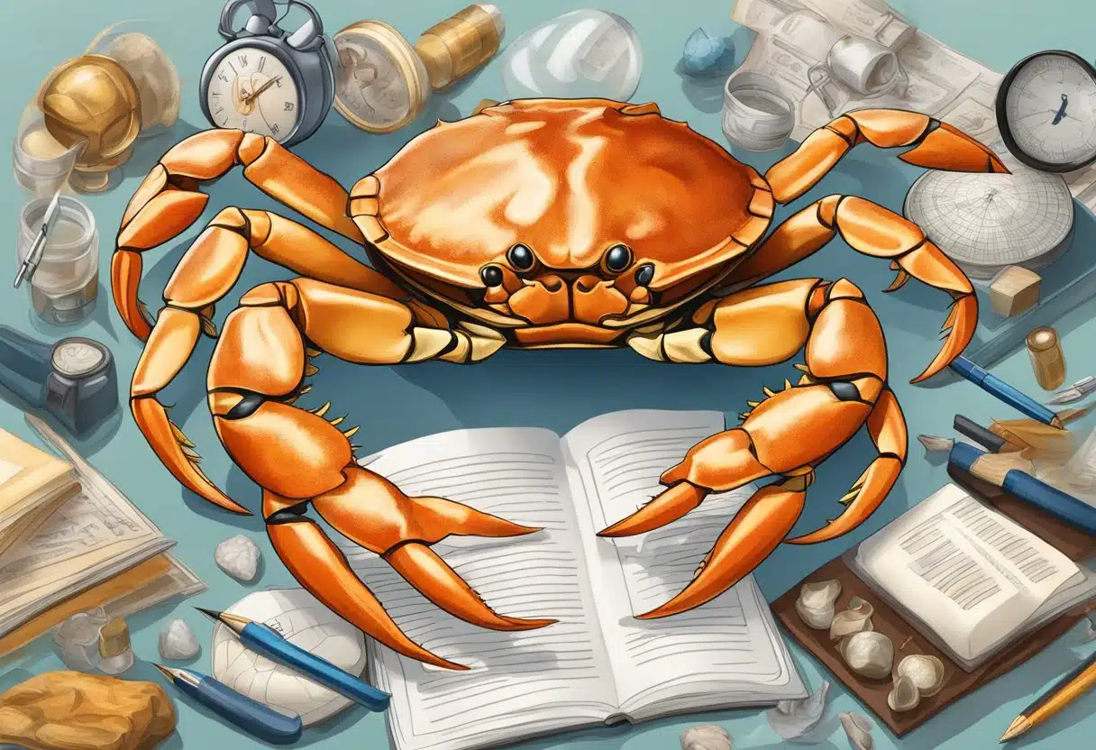 A crab symbolizing the Cancer zodiac sign, surrounded by professional and career-related objects