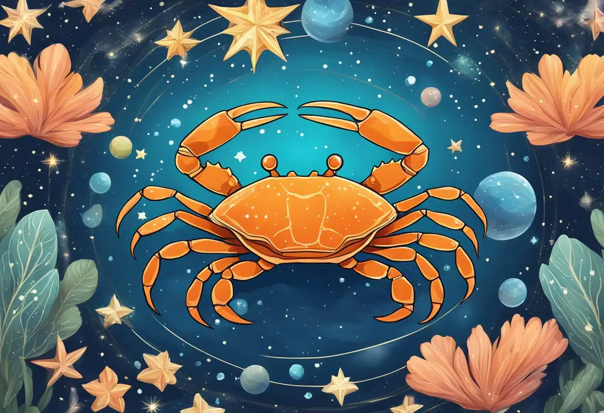 A crab zodiac sign, surrounded by water and stars