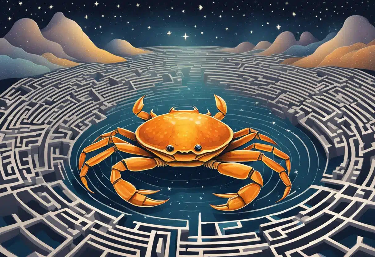 A crab exploring a maze of emotions and self-discovery under the influence of the stars