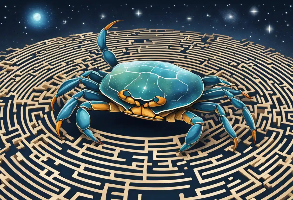 A crab navigating through a maze of challenges and opportunities under the starry sky