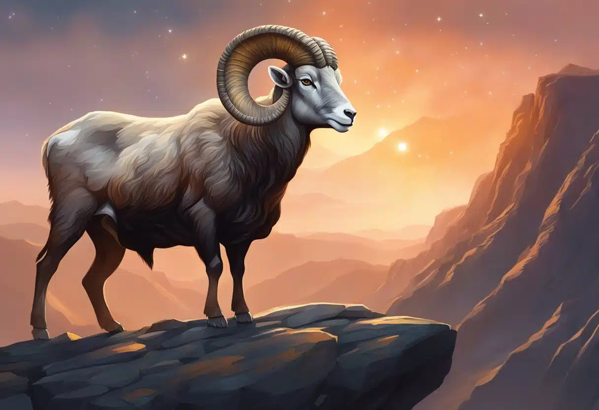 A ram stands boldly on a rocky cliff, its powerful horns raised high as it gazes out into the horizon under the fiery Aries constellation