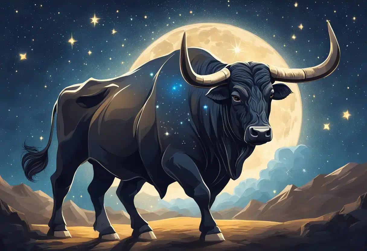 A powerful bull with a majestic presence stands under a starry night sky, with the constellation of Taurus shining brightly above