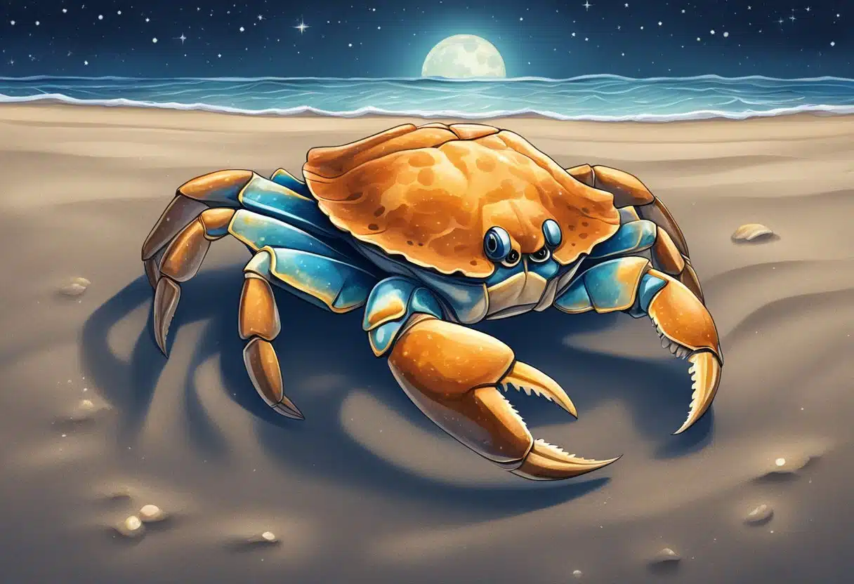 A crab sitting on a sandy beach, with waves gently lapping at its feet under a starry night sky