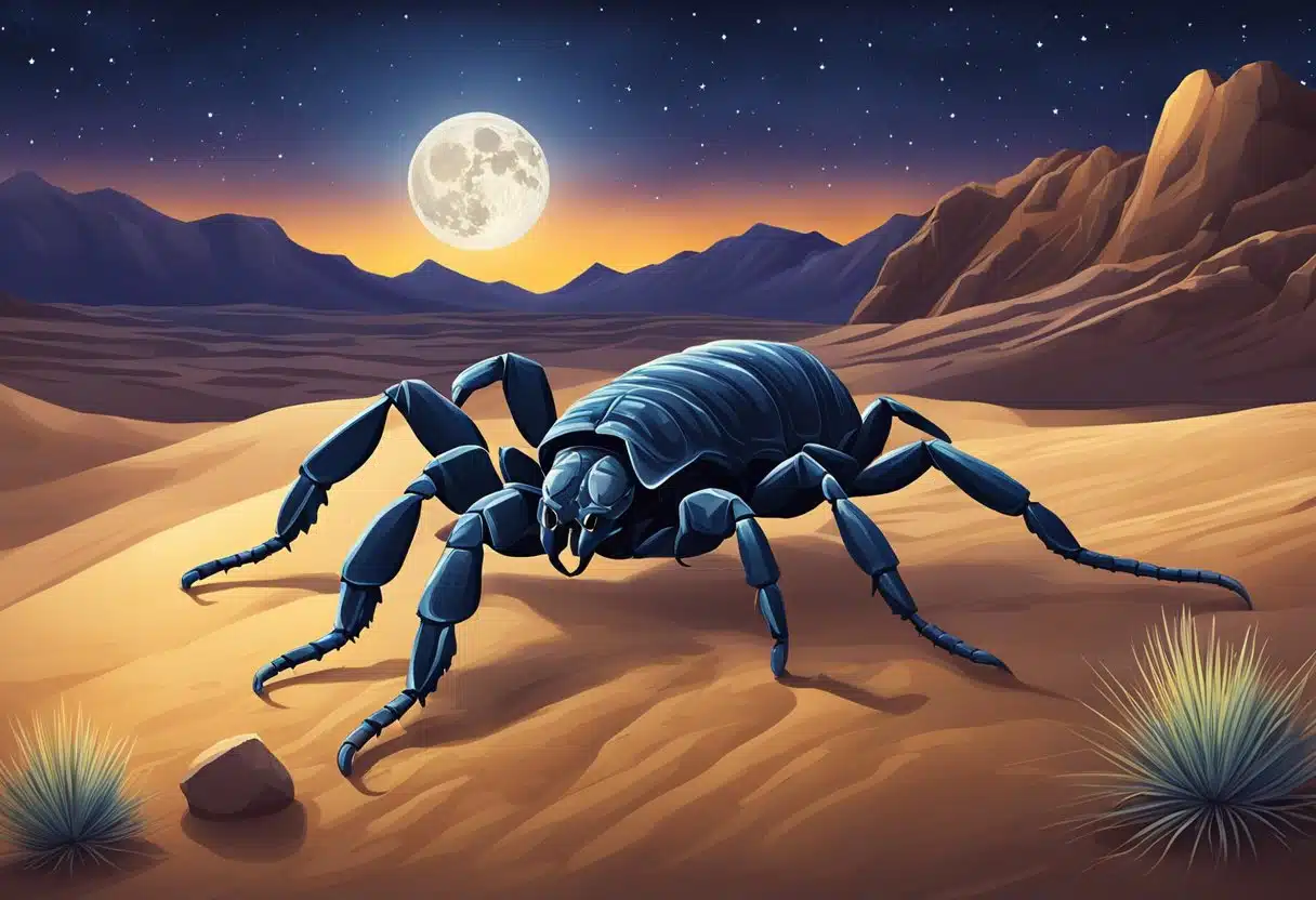 A scorpion crawls through a desert landscape under the night sky