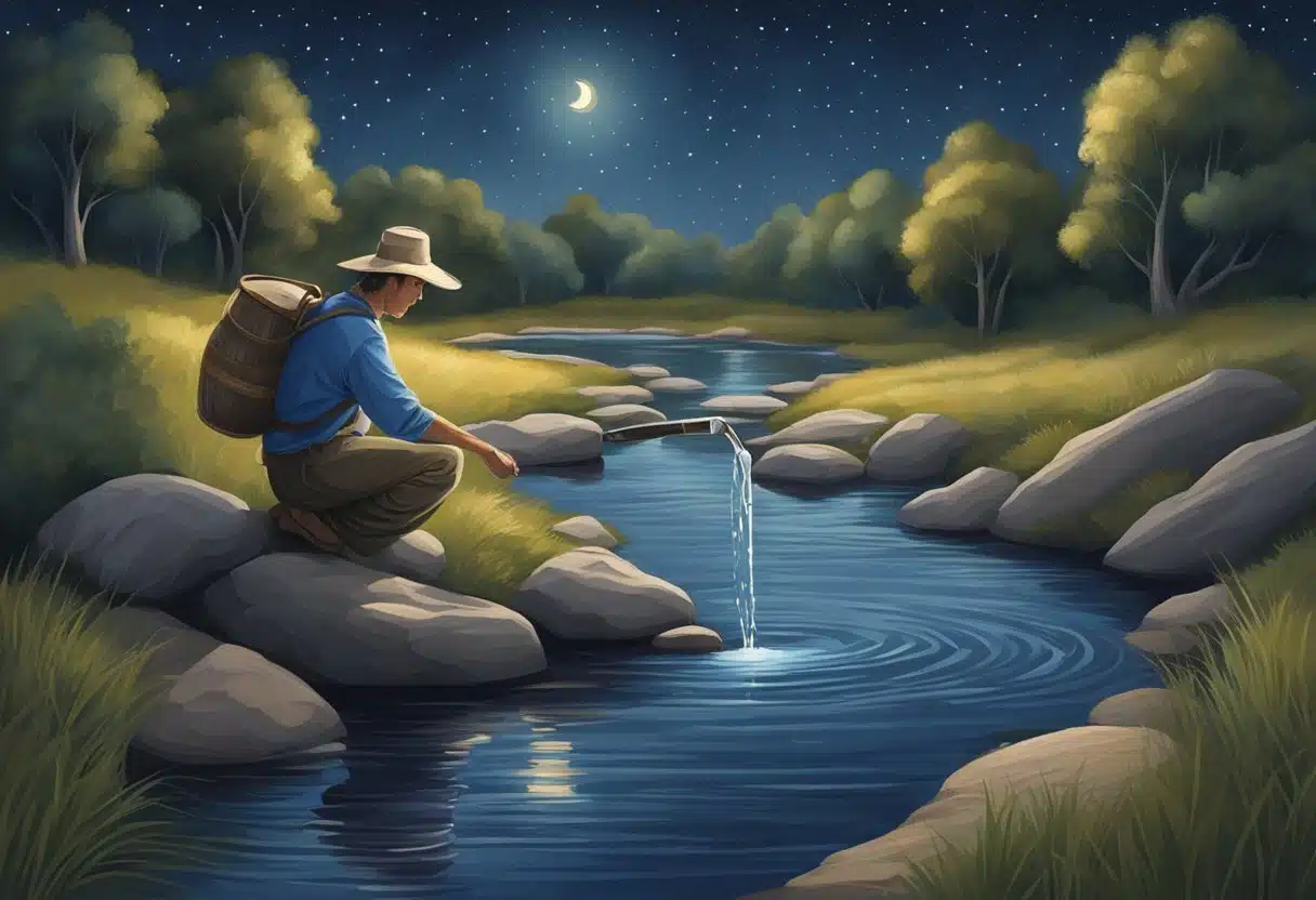 A water bearer pours water from a jug into a tranquil stream under the starry night sky