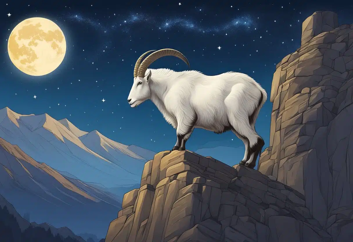 A majestic mountain goat climbs a steep, rocky cliff under the starry night sky