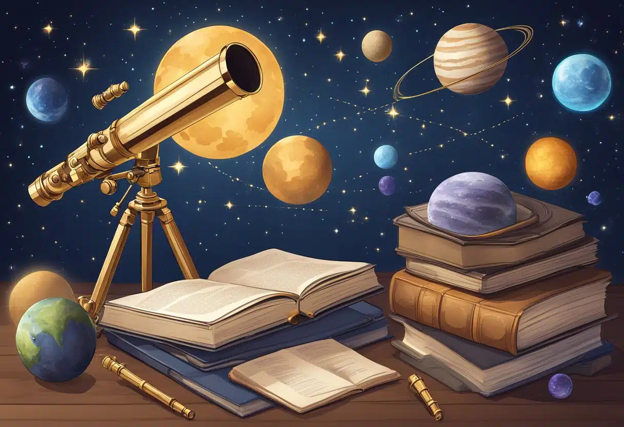 A telescope points towards the night sky, with constellations and planets visible. A stack of astrology books and scientific instruments sit on a table nearby