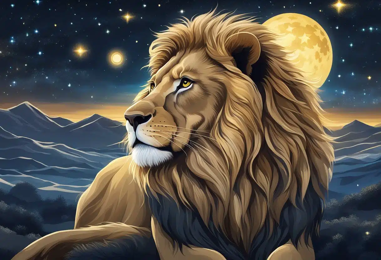 A majestic lion with a flowing, golden mane stands proudly against a backdrop of a starry night sky