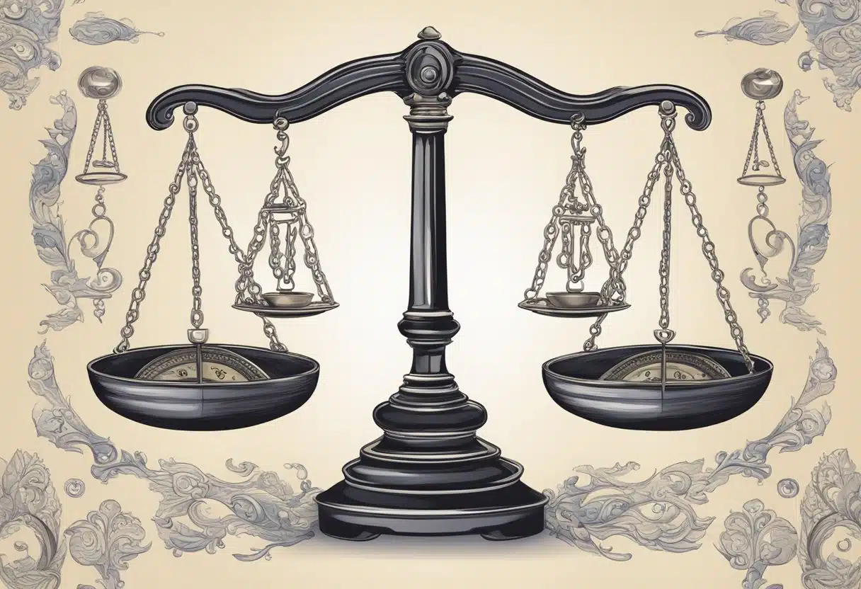 A balanced scale surrounded by symbols of harmony and justice