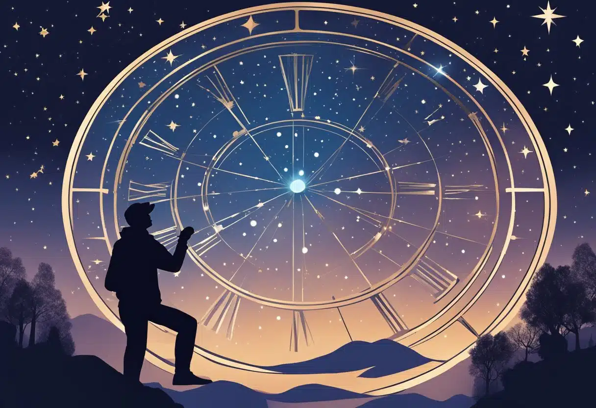 A night sky filled with bright stars and the silhouette of a figure holding a zodiac wheel, symbolizing the astrological signs of January