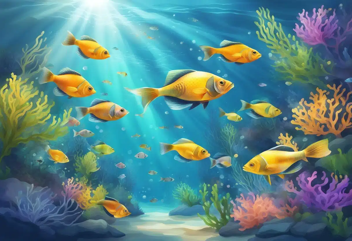 A school of colorful fish swimming gracefully through a tranquil underwater world, surrounded by drifting seaweed and sparkling sunlight