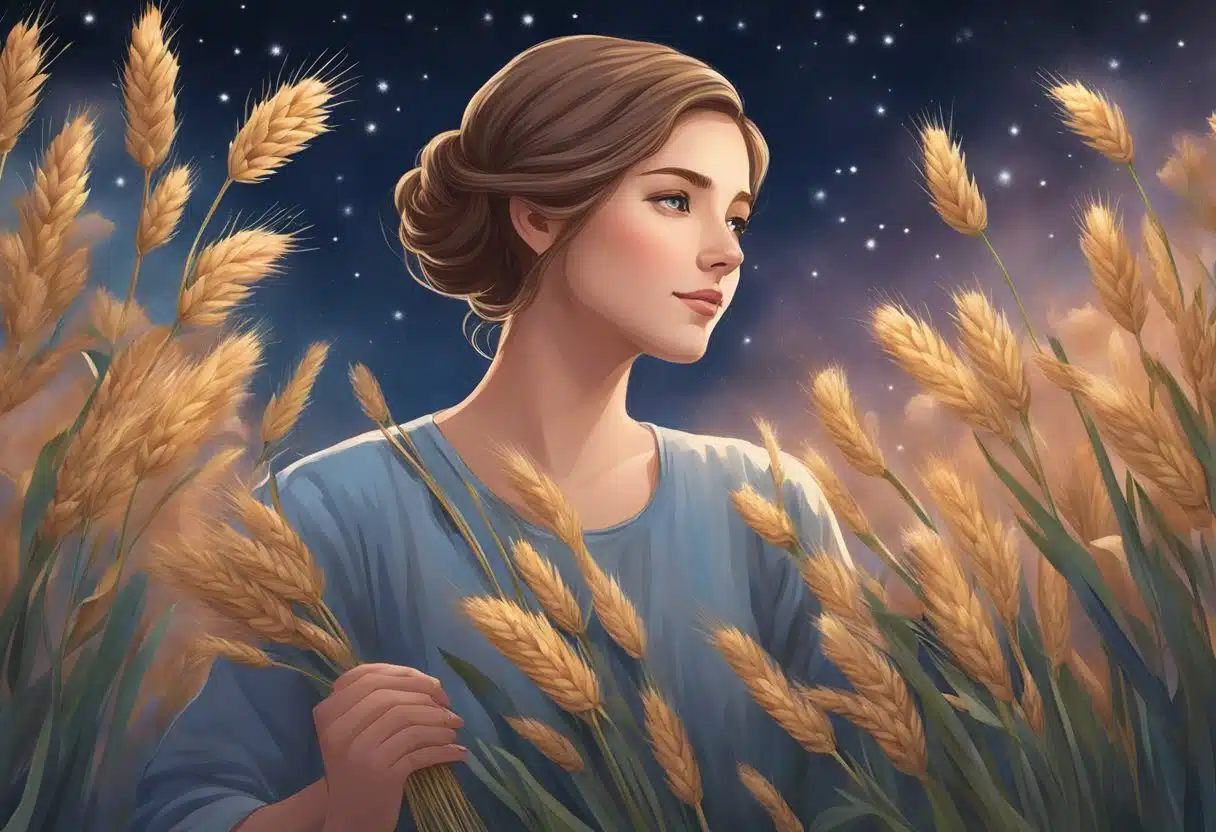 A young woman holding a sheaf of wheat, surrounded by blooming flowers and gazing up at the stars