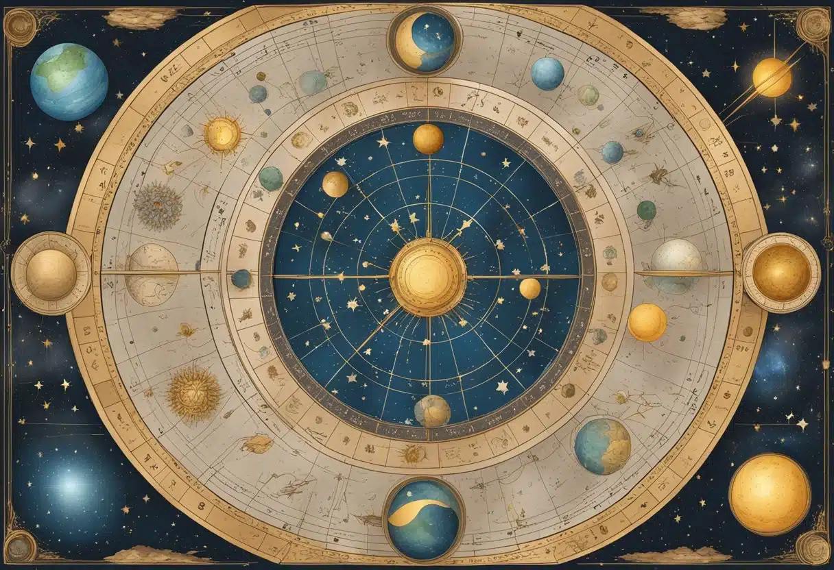 A celestial chart with zodiac symbols and constellations, surrounded by mystical elements like stars, moons, and cosmic dust