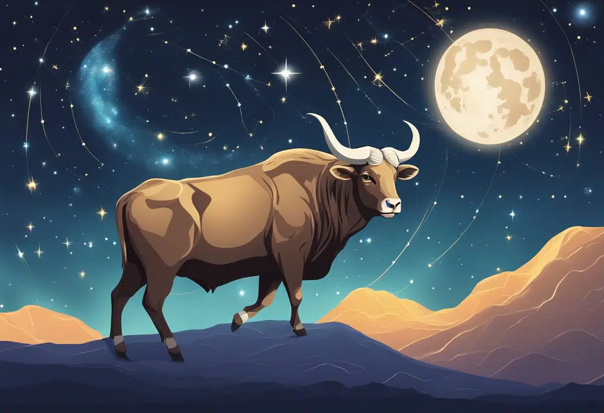 A night sky filled with constellations, including Aries and Taurus, shining brightly in the month of April