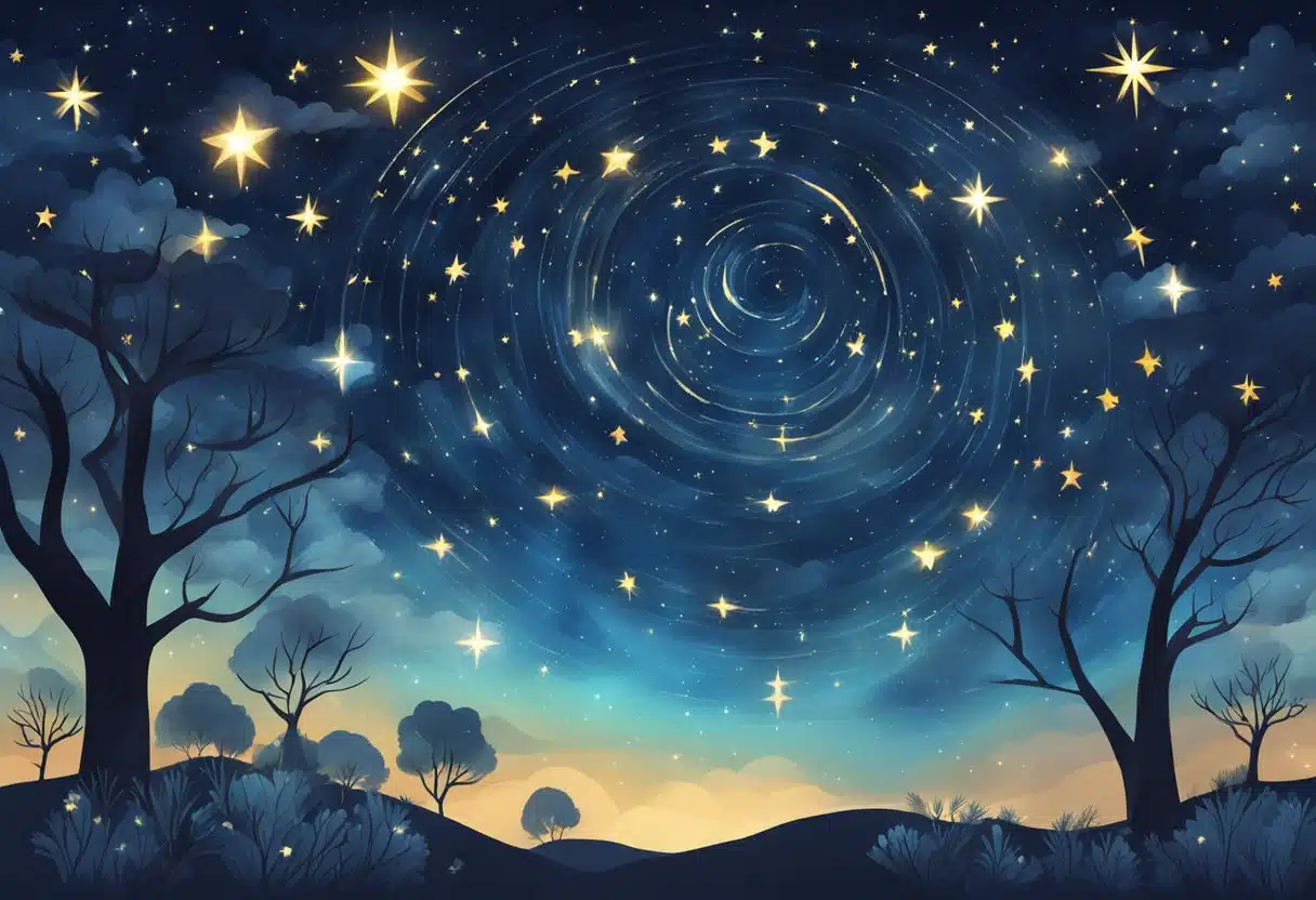 A starry night sky with zodiac symbols shining brightly in April
