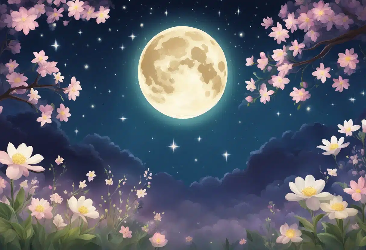 A night sky with a full moon and twinkling stars, surrounded by blooming flowers and budding trees in a tranquil April setting