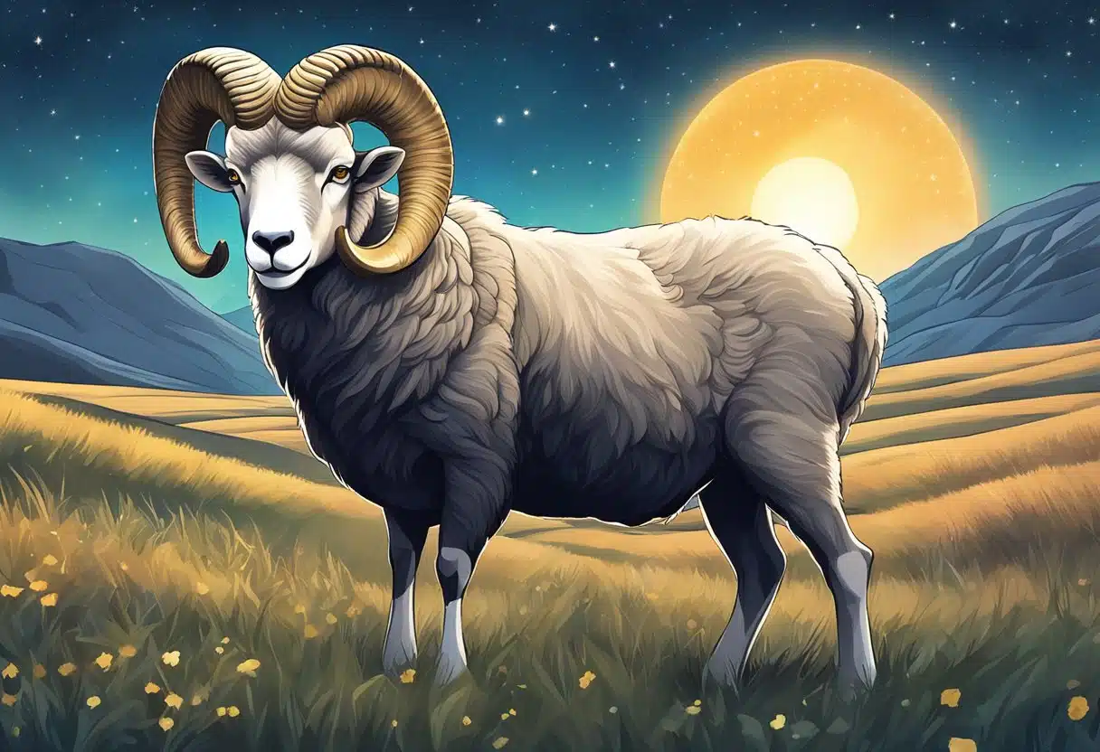 Aries zodiac sign in April: A ram standing proudly on a grassy hill, with the sun setting behind it and a clear, starry sky above