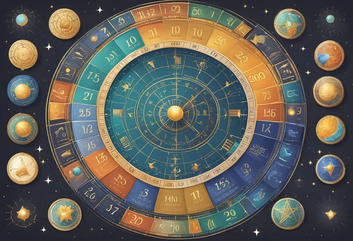 A table with astrological symbols and a calendar displaying weekly and monthly horoscopes