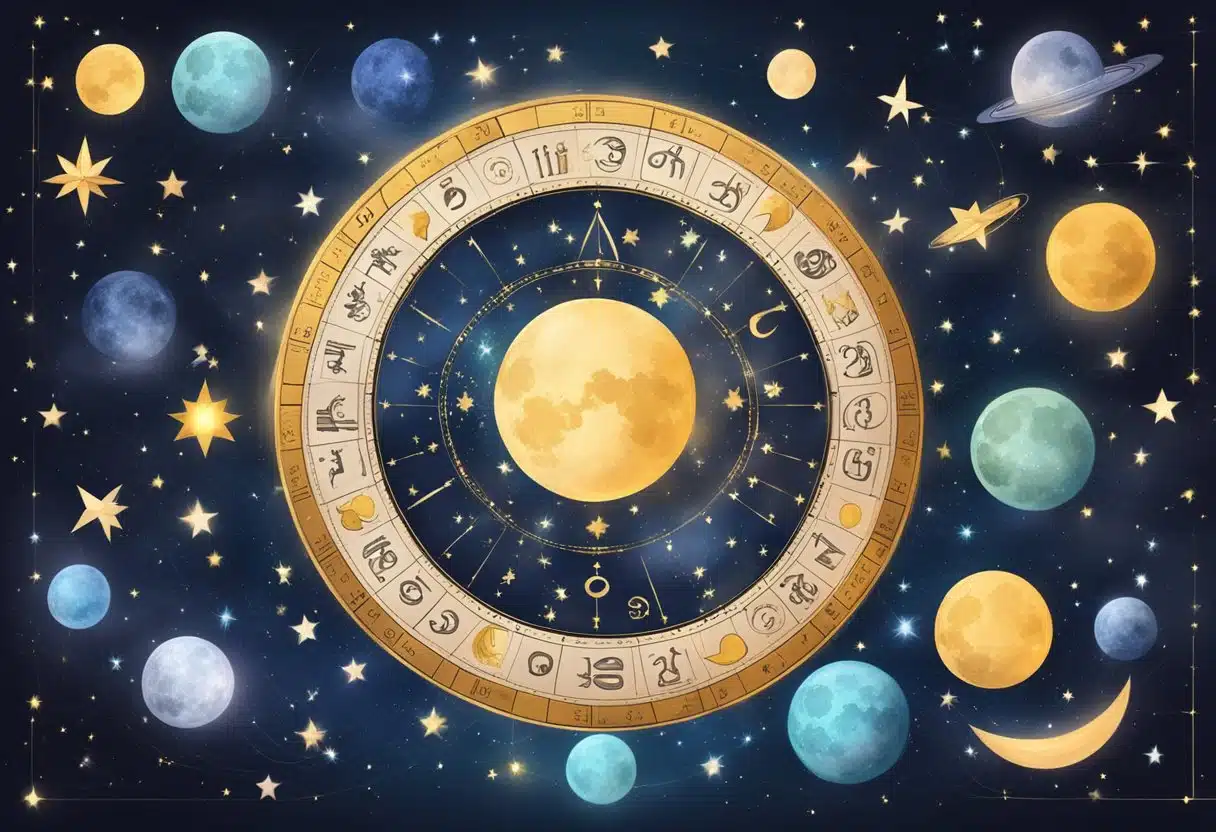 The moon's influence on zodiac signs in April. A night sky with stars and the moon shining brightly, surrounded by the symbols of the zodiac signs