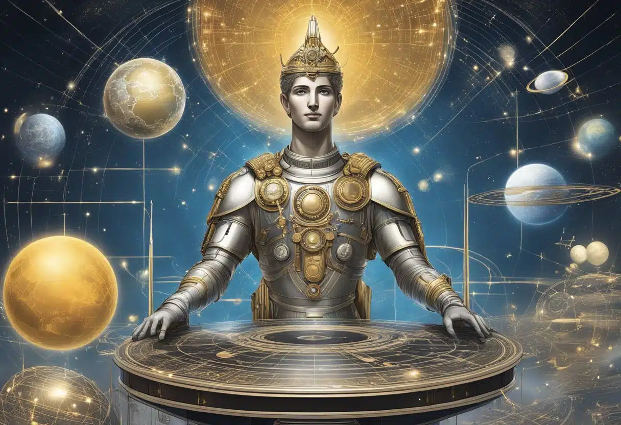 Mercury's role in communication, depicted by a celestial figure surrounded by symbols of communication and technology