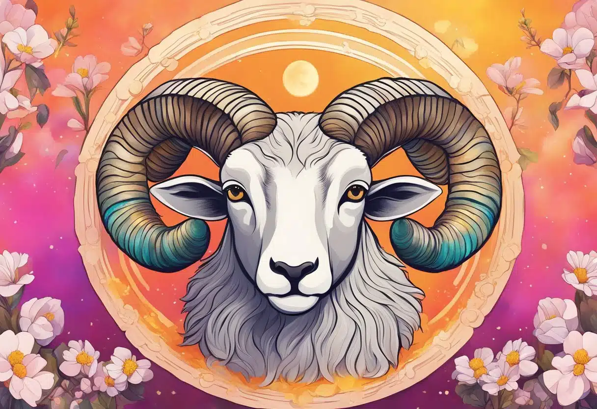 Aries zodiac sign in April: Ram symbol surrounded by blooming flowers and a vibrant, fiery background