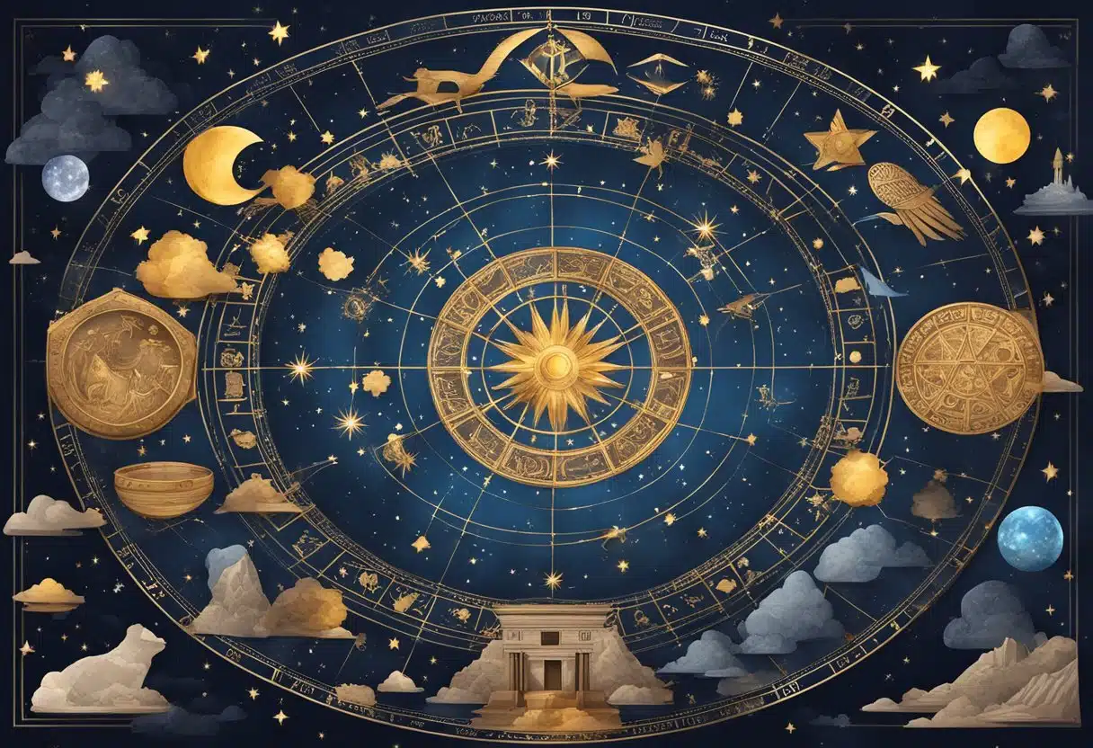 A night sky with zodiac constellations in April, surrounded by ancient astrological symbols and cultural artifacts