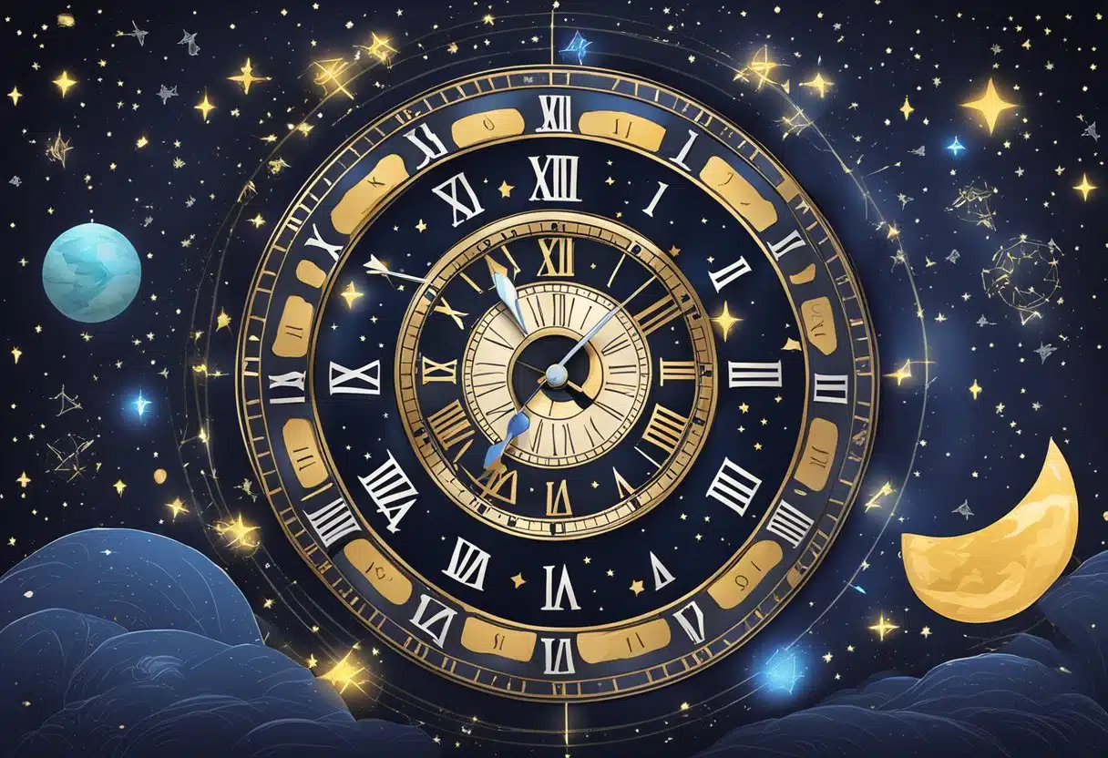 A digital clock surrounded by zodiac symbols, with April highlighted. The background depicts a starry night sky with constellations