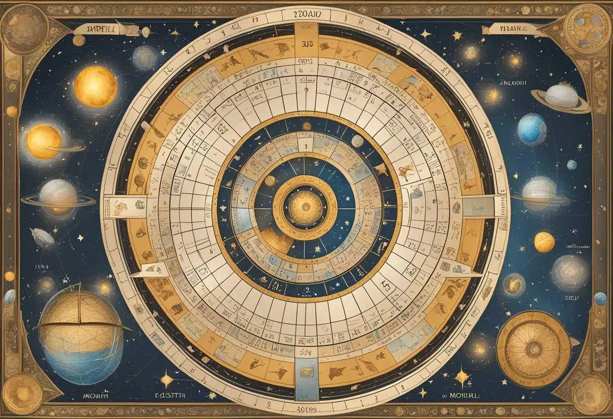 A table with astrological charts and a calendar showing the month of April, surrounded by celestial symbols and zodiac constellations