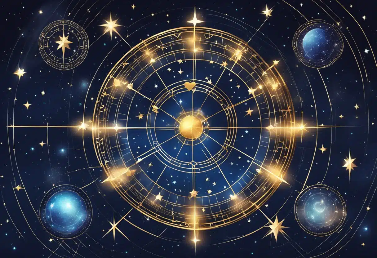 A heart-shaped astrology chart floats in a starry sky, with glowing zodiac symbols and intertwining lines representing love compatibility