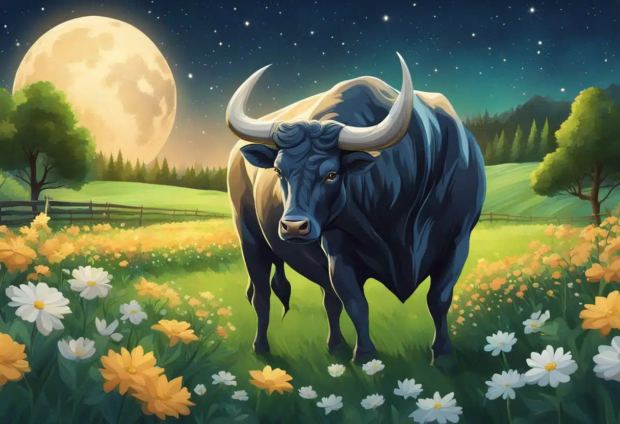 A bull with majestic horns stands under a starry sky, surrounded by lush green fields and blooming flowers