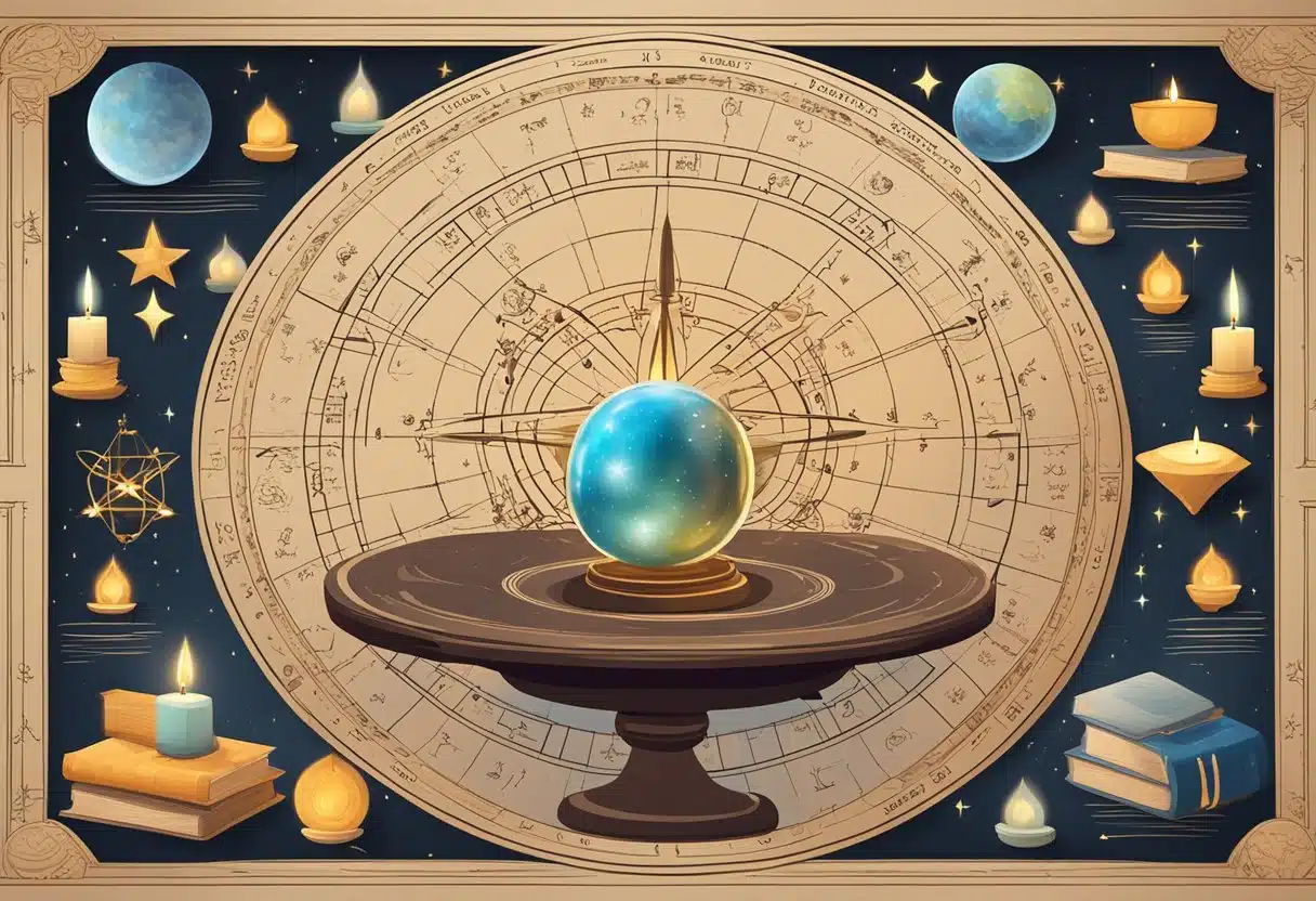 A table with astrological charts and books on astrology. A crystal ball sits in the center, surrounded by candles and incense. Astrological symbols adorn the walls