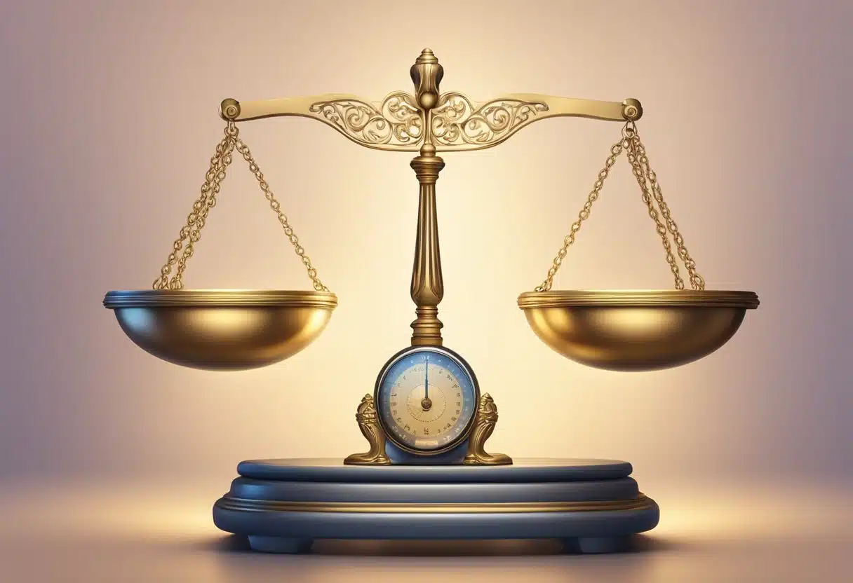 A pair of scales sits balanced on a pedestal, surrounded by a soft glow, representing the monthly horoscope for the sign of Libra