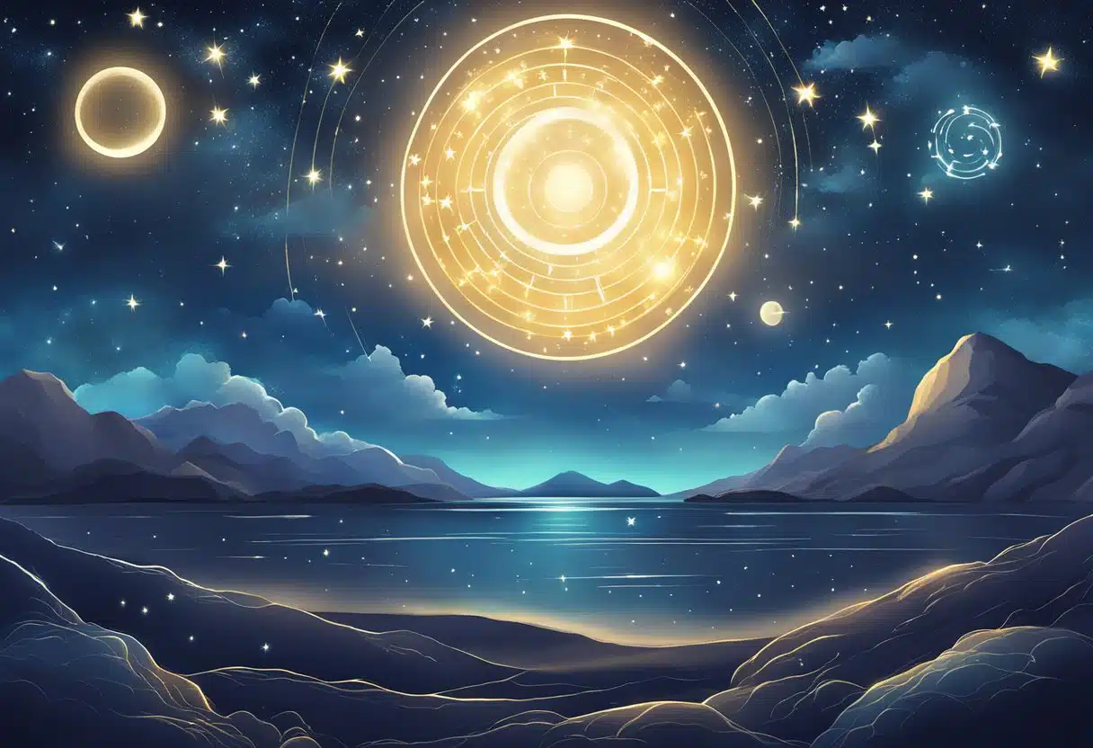 A glowing night sky with zodiac symbols shining brightly