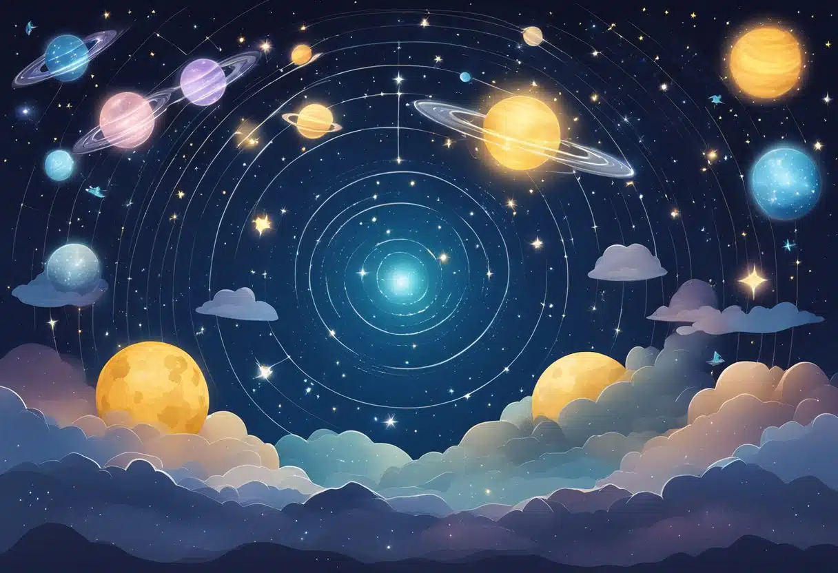 A night sky with zodiac constellations shining brightly, surrounded by celestial bodies and cosmic energy