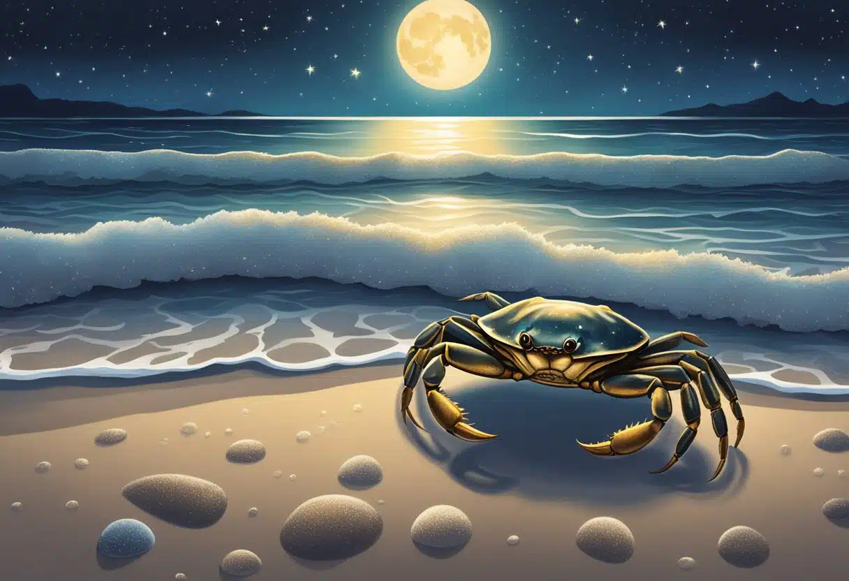 A crab crawling out of a shimmering, moonlit ocean onto a sandy beach, with the night sky filled with stars above