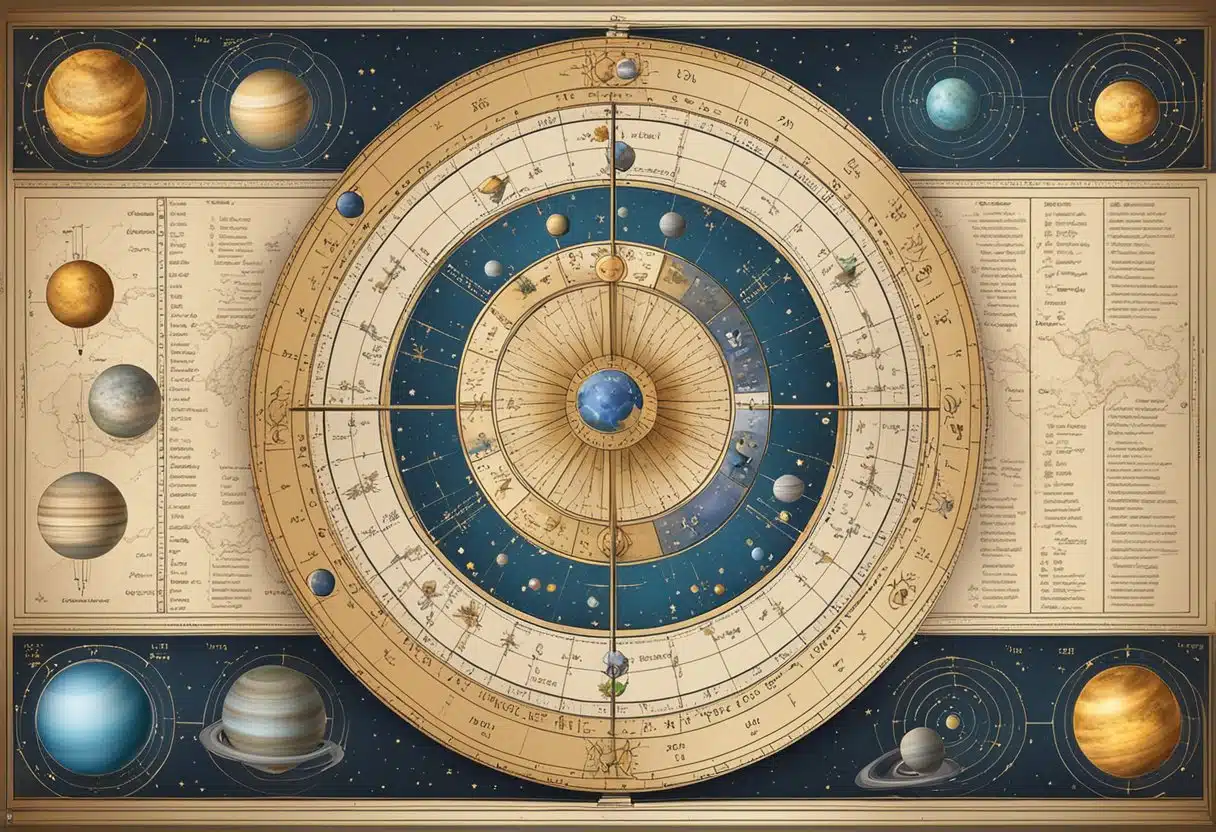 A celestial chart with zodiac symbols and planetary alignments