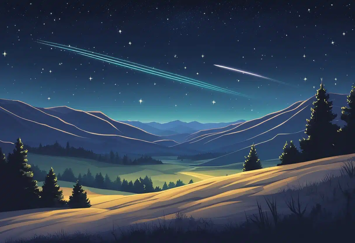 A shooting star streaks across a starry night sky, illuminating the constellation of Sagittarius. The moon shines brightly, casting a soft glow over the landscape below