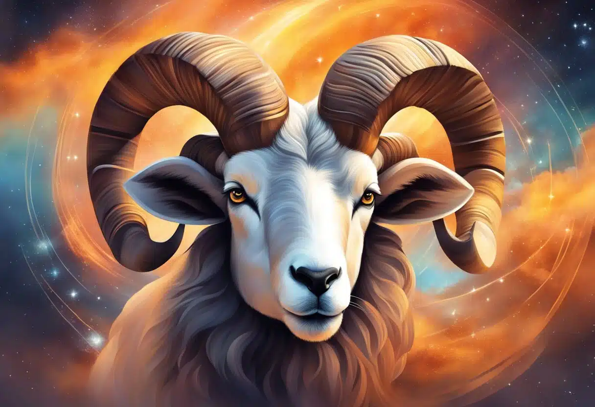 Aries Monthly Forecast: Ram symbol surrounded by fiery energy, stars, and dynamic movement. A sense of determination and passion fills the air