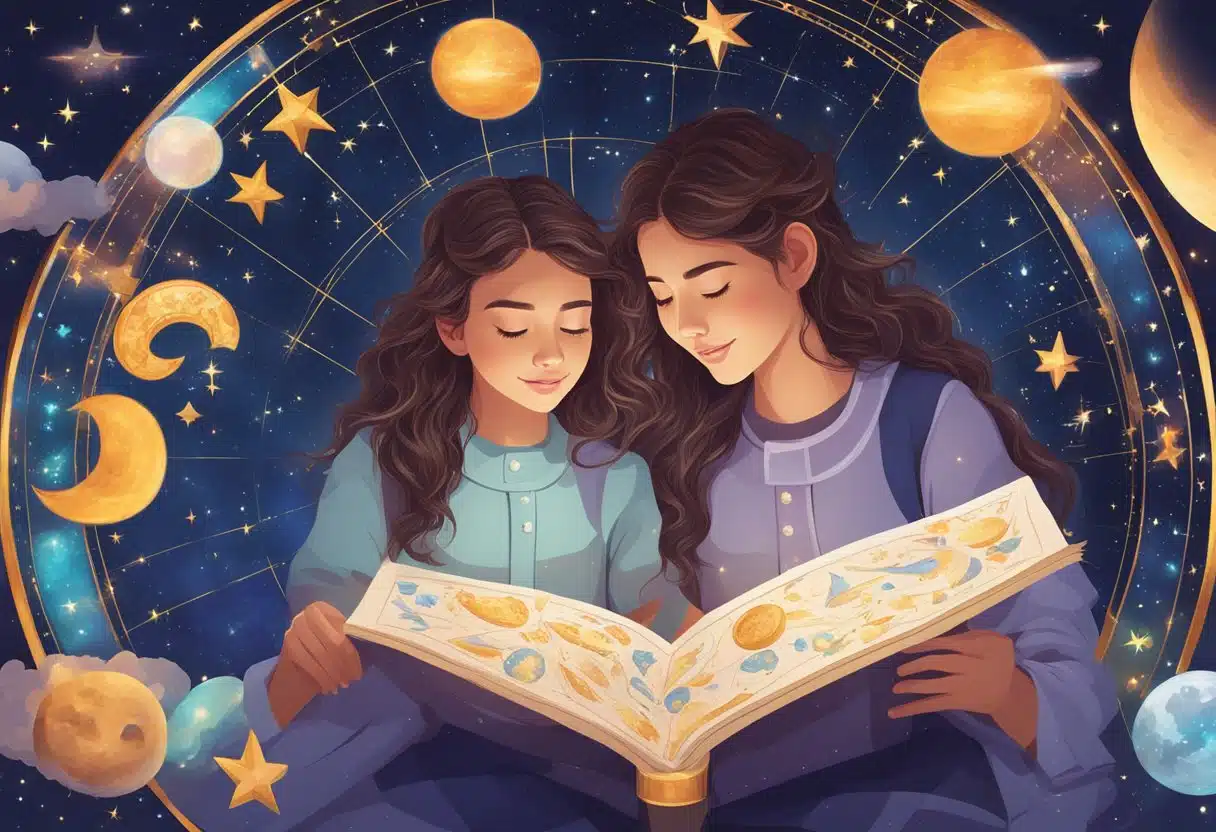 A pair of twins reading their monthly horoscope on a colorful, celestial-themed poster, surrounded by zodiac symbols and twinkling stars